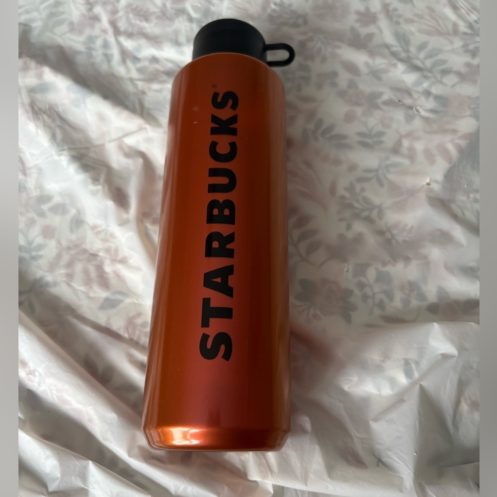 Starbucks NEW shiny orange plastic water bottle shaker black top